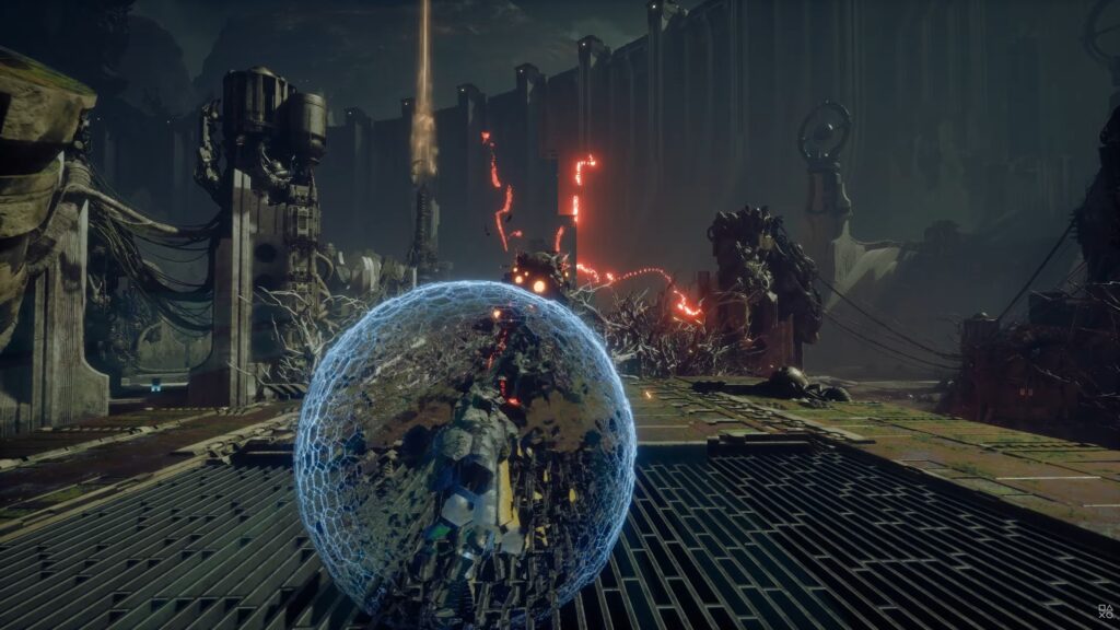 Sci-fi battle scene from Saros showing energy shield combat