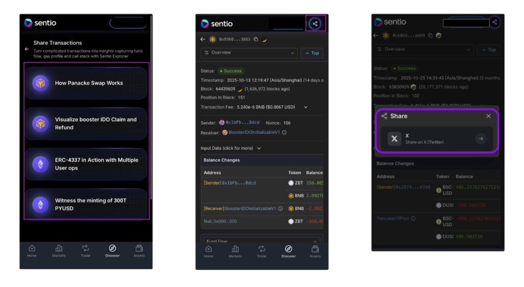 Step-by-step screenshots illustrating Task 4, where users select a transaction like "How Pancake Swap Works" and share the details to X.
