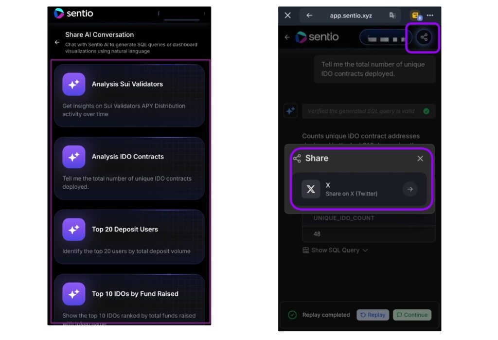 Visual instructions for Task 5, showing a user selecting an AI-generated analysis of Sui Validators or IDO contracts and sharing the conversation to X.