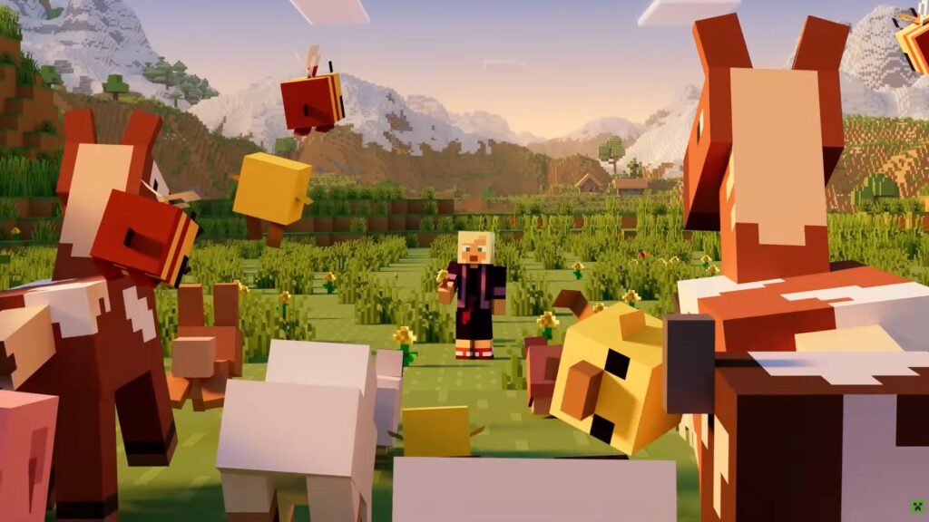 A Minecraft player character stands in a grassy field surrounded by various redesigned baby mobs, including horses, cows, and chickens, with scenic mountains in the background.