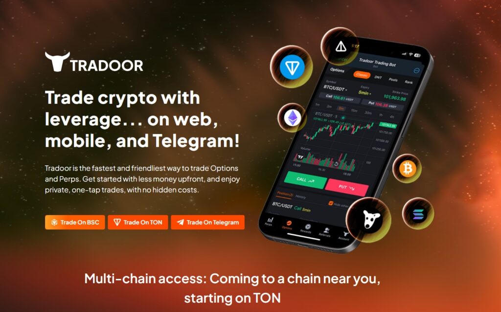 A promotional graphic for Tradoor showing a smartphone with a trading interface, surrounded by floating crypto icons for Bitcoin, Solana, and TON, with text highlighting "web, mobile, and Telegram" access.