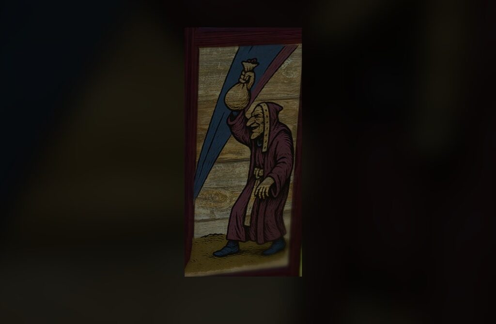 A close-up of a wooden sign depicting a merchant holding a bag, with visible inconsistencies in the number of fingers on each hand.