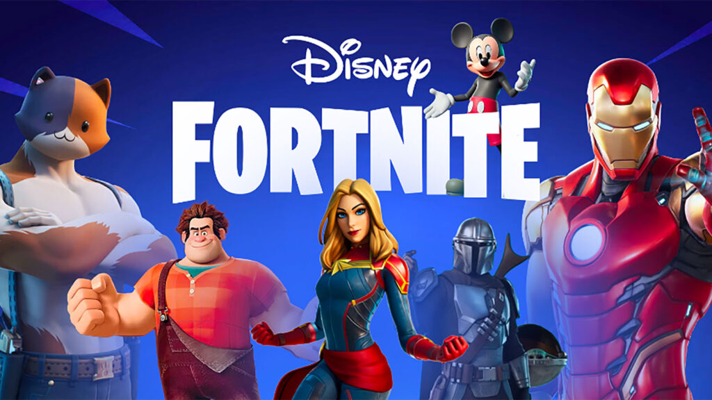 A promotional graphic featuring the Disney and Fortnite logos surrounded by iconic characters including Mickey Mouse, Iron Man, Captain Marvel, The Mandalorian, Wreck-It Ralph, and Fortnite’s Meowscles.