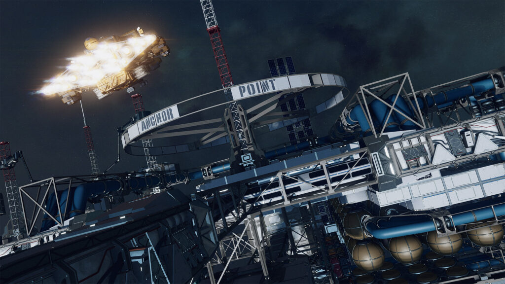 A close-up view of a massive, modular space station labeled "ANCHOR POINT" with a starship departing in the background.