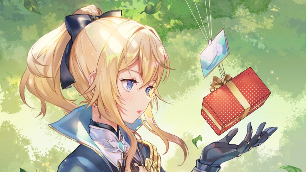 Jean from Genshin Impact looking at a floating red gift box tied with a gold ribbon.