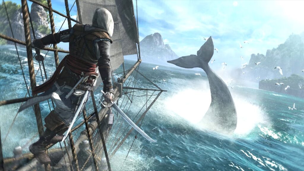 Edward Kenway standing on the rigging of the Jackdaw watching a whale breach the ocean surface.