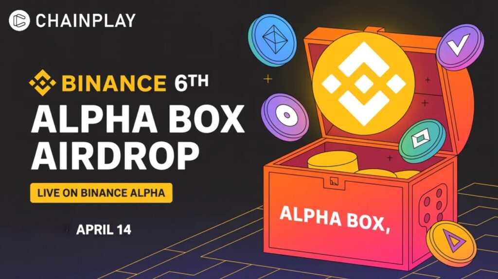 Dark background crypto airdrop poster with "Binance 6th Alpha Box Airdrop" text.