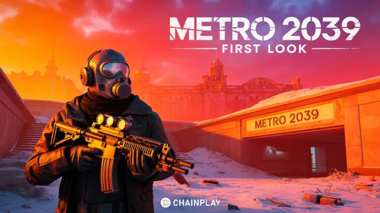 A survivor in a gas mask holding a weapon at a post-apocalyptic metro station entrance for Metro 2039.