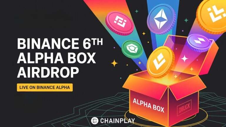Binance 6th Alpha Box Airdrop banner featuring a glowing orange box with crypto tokens.