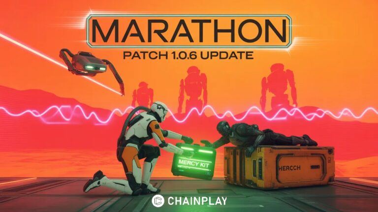 A Marathon Runner using a Mercy Kit to revive a downed opponent.