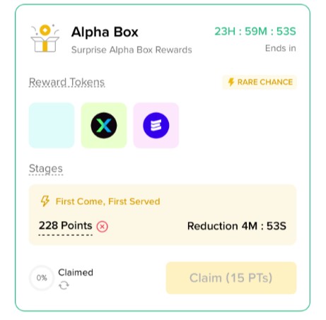 Screenshot of the Binance Web3 Wallet interface showing the Alpha Box claim page with a countdown timer and point requirements.