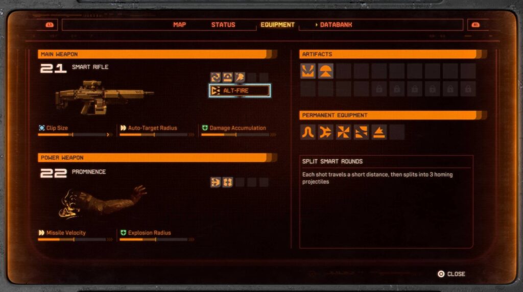 The equipment menu allows players to inspect weapon traits and unique Alt-Fire capabilities like "Split Smart Rounds."