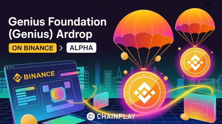 Futuristic AI crypto airdrop with GENIUS token and Binance trading interface