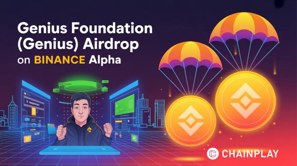 A high-tech digital 3D rendering of the Genius Foundation (GENIUS) token launch on the Binance Alpha platform.