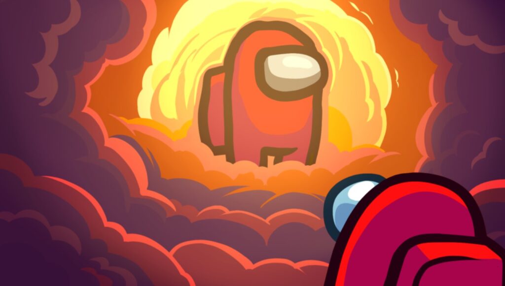 A stylized illustration of a red Among Us character standing before a giant, glowing golden crewmate silhouette amidst orange and purple clouds.