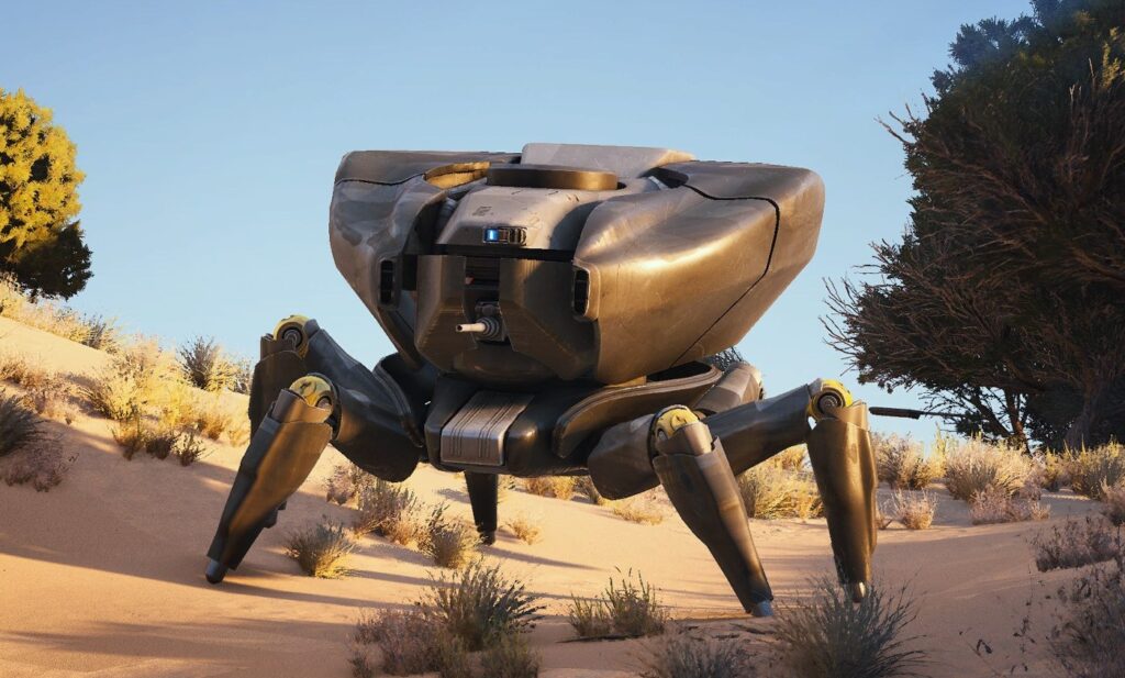 A bulky, bronze-colored Bastion tank machine with yellow joint highlights standing in a desert.