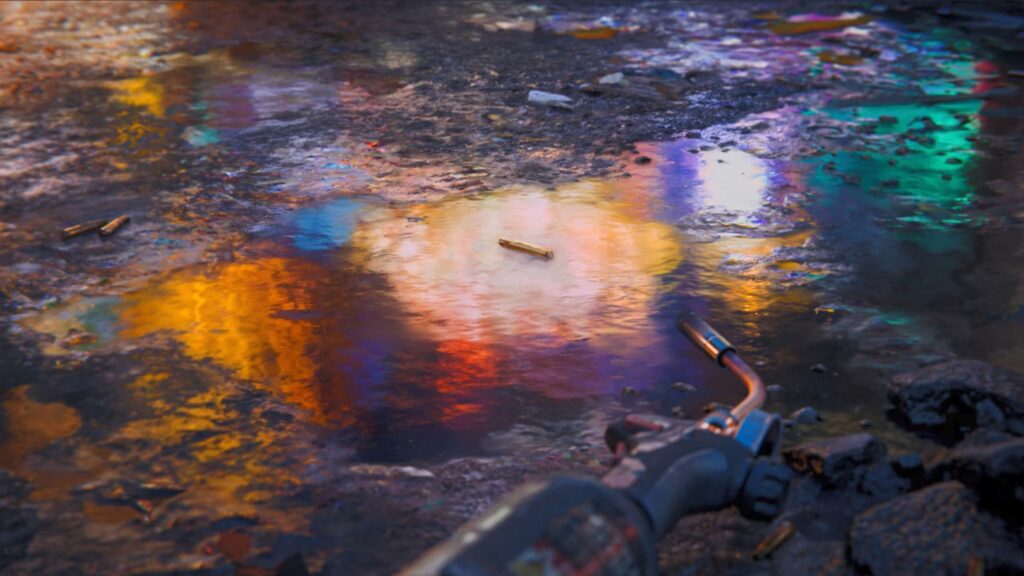 Puddle from the Battlefield 6 Season 5 trailer showing neon lights in a puddle on the ground, raising speculations of a Las Vegas map