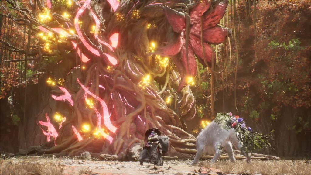 Emma and her large white dog companion, Koo, stand before a massive, glowing tree-like monster.