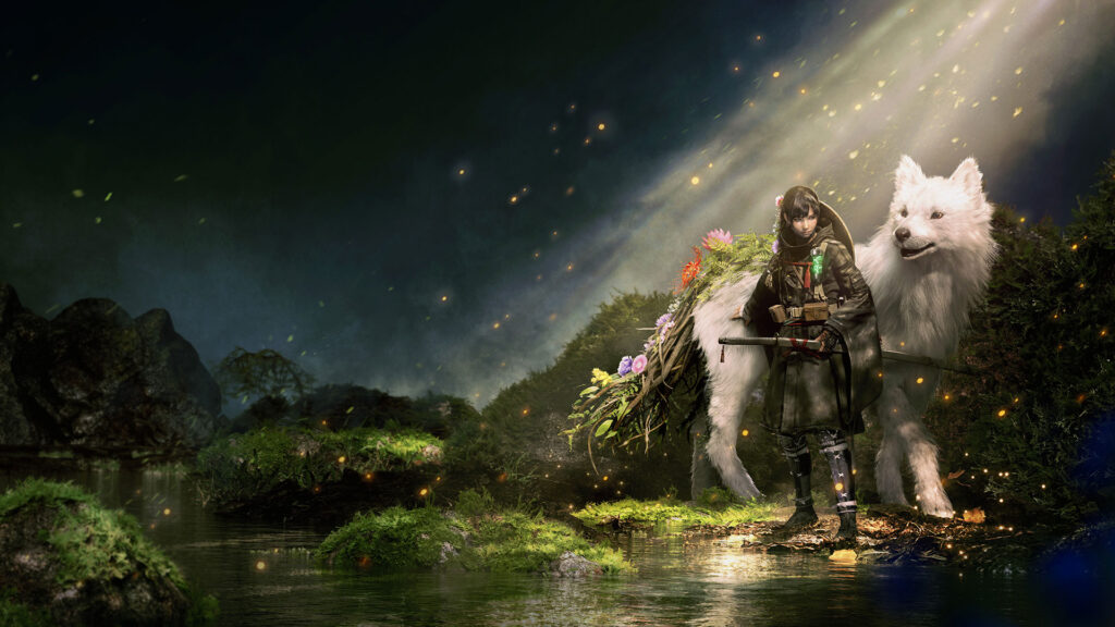 Stylized key art featuring Emma standing beside her giant white wolf-dog companion, Koo. They are positioned in a dark, mossy forest by a river, illuminated by a single, dramatic beam of light from above.
