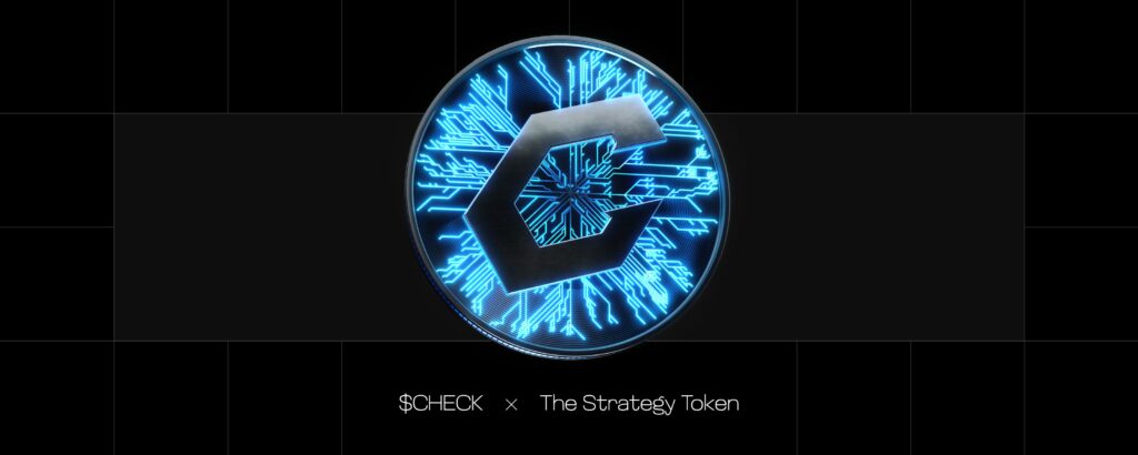 A high-tech digital coin featuring a stylized "C" logo centered on a glowing blue circuit-patterned background, set against a dark, grid-textured horizontal banner. Below the coin, the text reads "$CHECK x The Strategy Token."