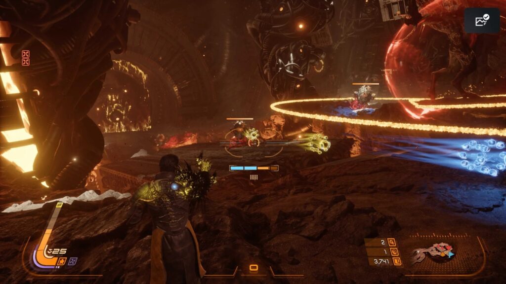 A chaotic third-person battle against robotic and organic enemies in a dark, glowing industrial facility.