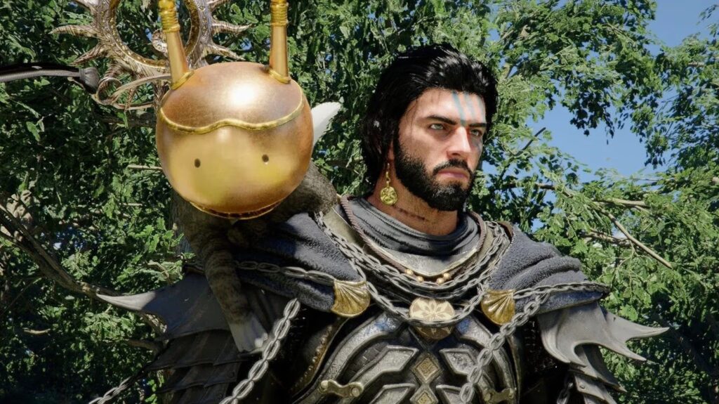 Close-up of Macduff in Crimson Desert with a gold cat helmet and face paint.