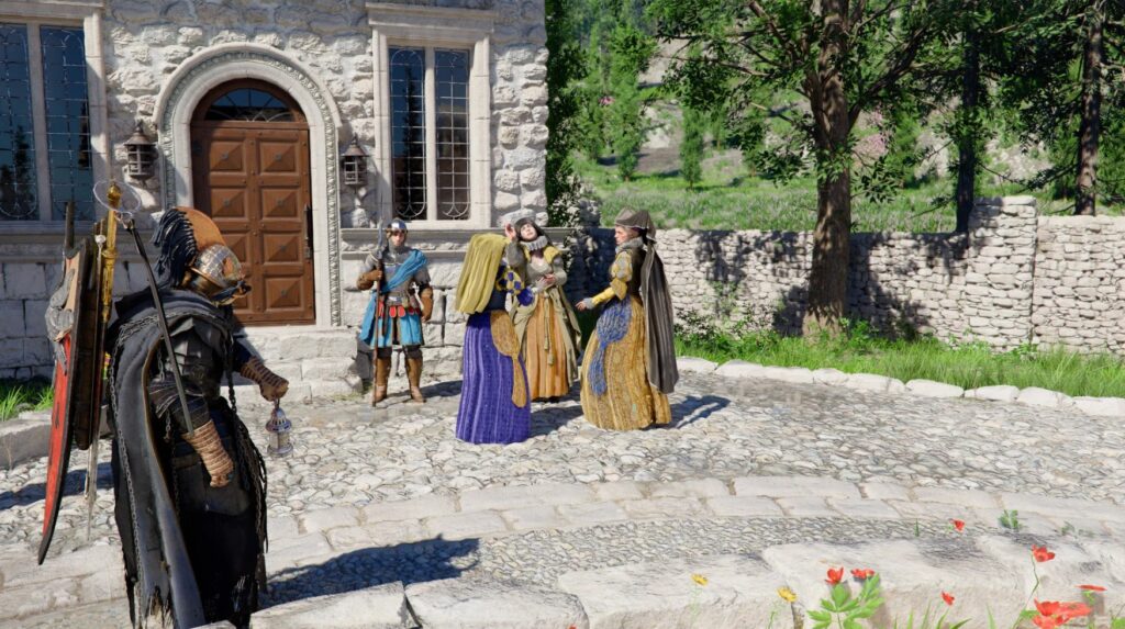 A mercenary using a lantern to inspect a group of wealthy-looking NPCs in colorful dresses outside a stone building.
