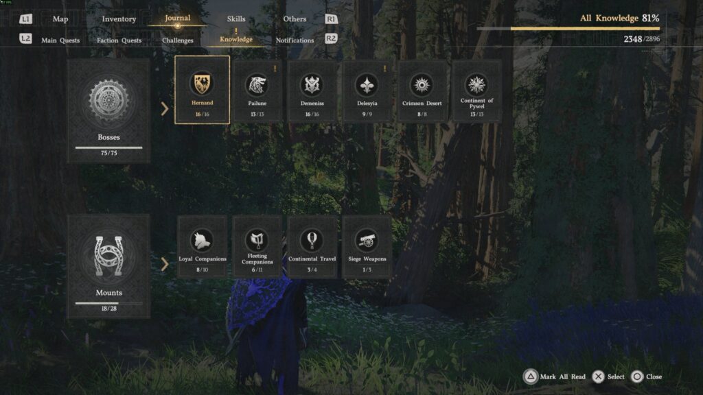 Crimson Desert UI showing the Journal, Knowledge, and Mounts progress tracking screen.
