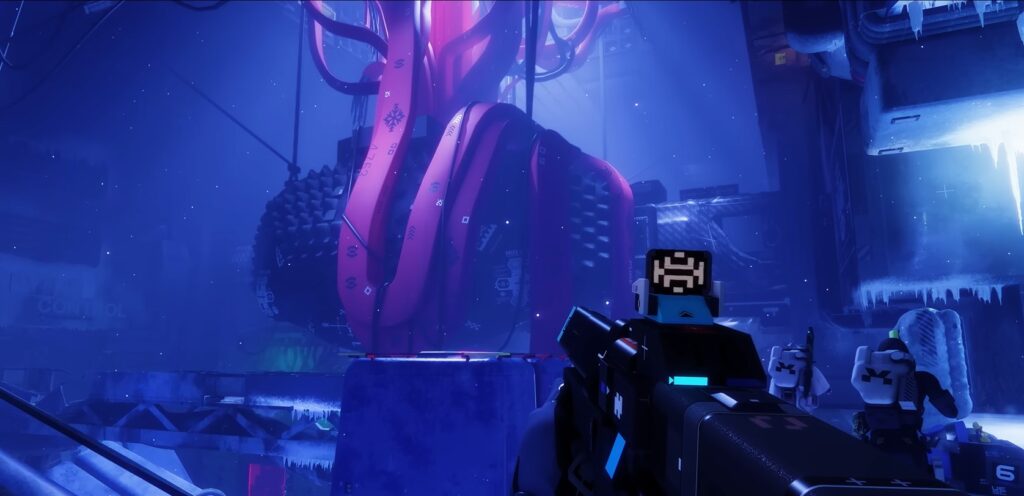 A first-person view of a Runner exploring the high-stakes Cryo Archive, known for its intricate map design and elite loot.