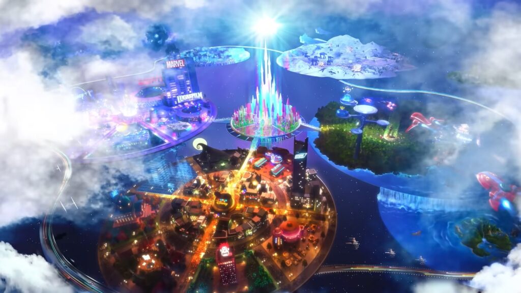An aerial view of a digital world featuring floating islands themed after Disney, Marvel, Lucasfilm, and Pixar, all connected to a central glowing castle within the Fortnite ecosystem.