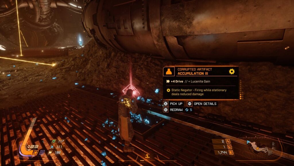 A character stands over a glowing pink cube on a metal grate floor; a tooltip describes a "Corrupted Artifact: Accumulation III."