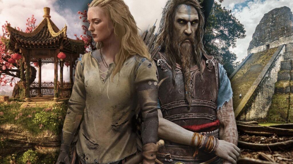 A digital composite featuring a blonde warrior woman and a bearded male warrior standing between an ancient Japanese pagoda with cherry blossoms and a stone Mayan pyramid.