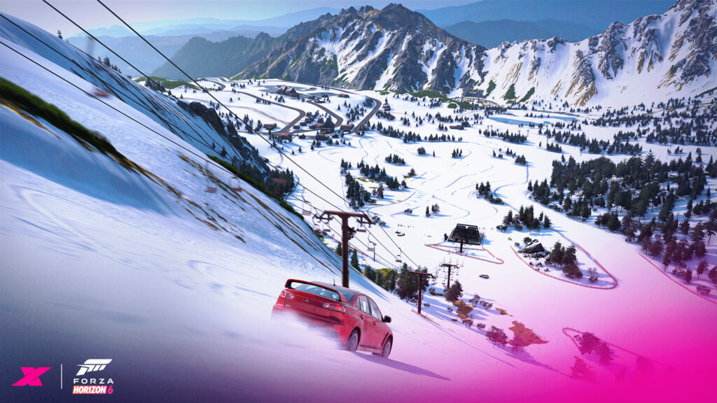 A red Mitsubishi Lancer Evolution drifting down a steep, snow-covered ski resort slope in the Japanese Alps.