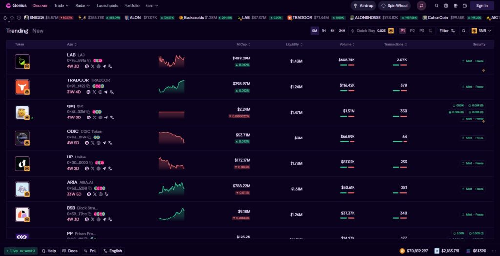 A dark-themed cryptocurrency trading dashboard showing a list of trending tokens with sparkline charts, market capitalization, liquidity metrics, and security status tags.