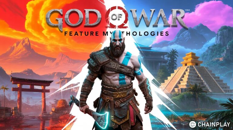 Kratos standing between Norse, Egyptian, and Japanese mythologies in a cinematic God of War concept