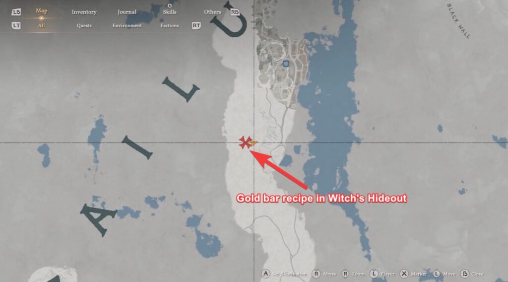 In-game map of Crimson Desert showing a red 'X' and arrow pointing to the Gold Bar recipe at the Witch’s Hideout.