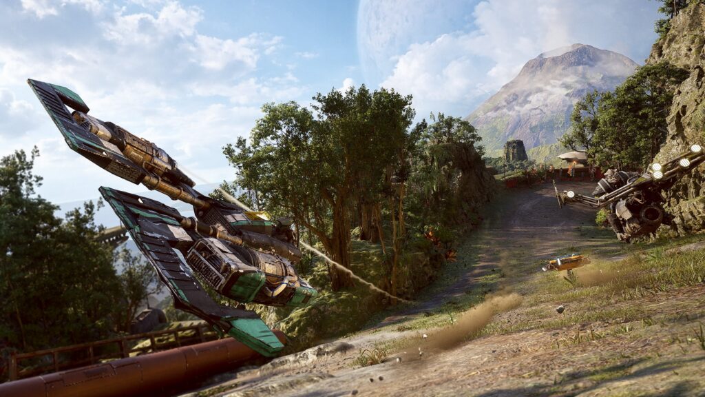 Galactic Racer takes players beyond the track, featuring wide-open environments and dynamic planetary obstacles like active volcanoes.