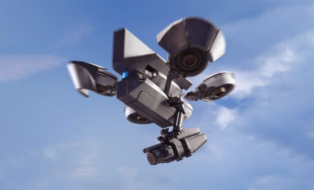 A high-mobility Hornet drone with multiple thrusters and a bottom-mounted stun gun flying.