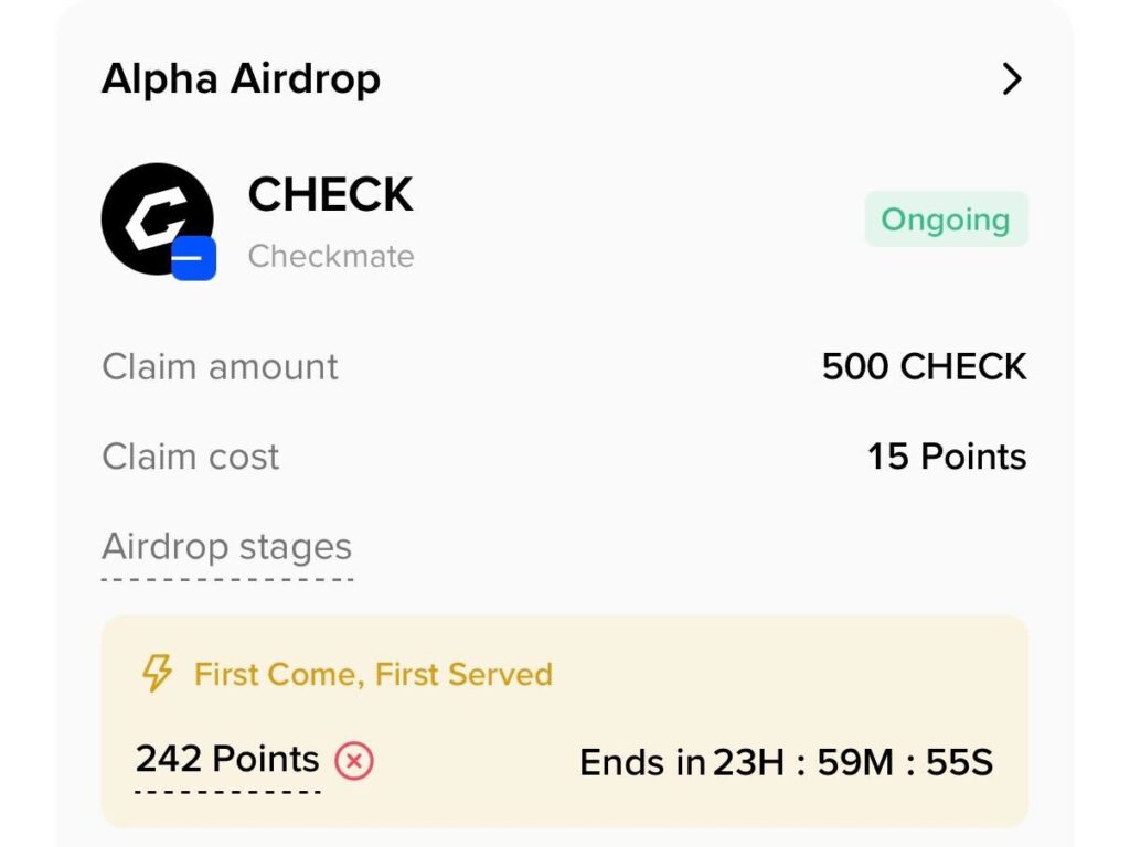 A screenshot of the Binance Alpha app interface showing an ongoing airdrop for CHECK with a claim amount of 14 tokens and a cost of 15 points.