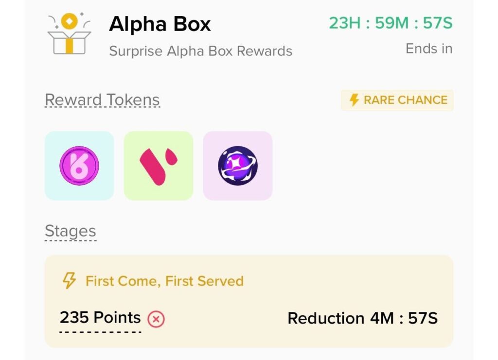 Digital art of a glowing reward chest labeled Alpha Box with the
