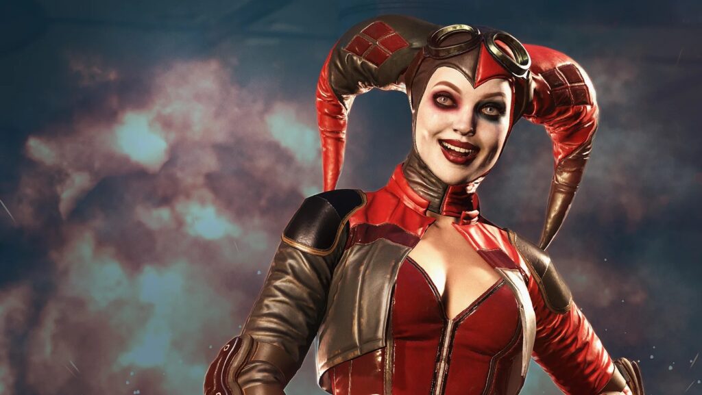 Harley Quinn, depicted in her modern Injustice era gear, remains a central figure in the series' narrative of redemption.