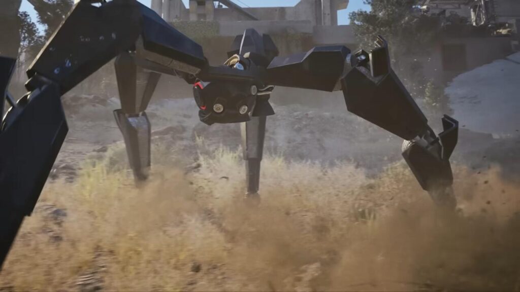 A black, angular Leaper machine with a red glowing eye charging through tall grass.