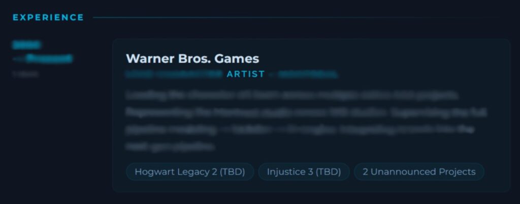 A screenshot of a Warner Bros. Games artist’s resume that reportedly leaked the existence of Injustice 3.