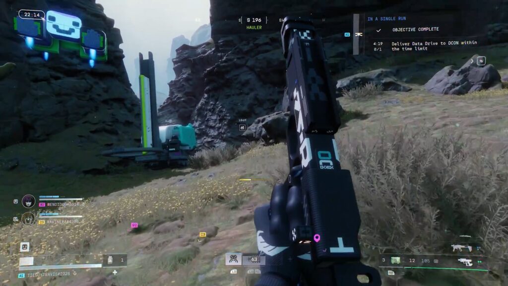 First-person view of a Marathon Runner holding a futuristic pistol while navigating the rocky, grassy terrain of Tau Ceti IV.