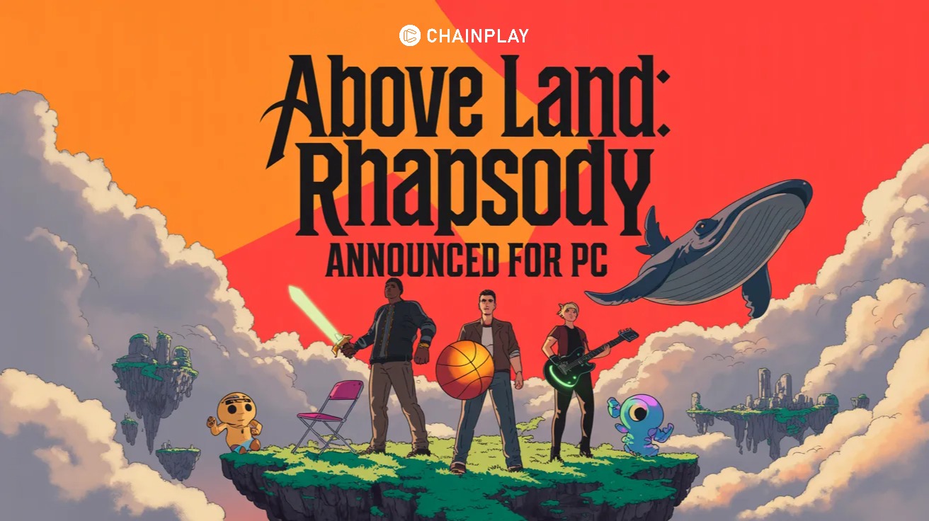 Three players in Above Land Rhapsody holding a chair and a basketball on a floating island.