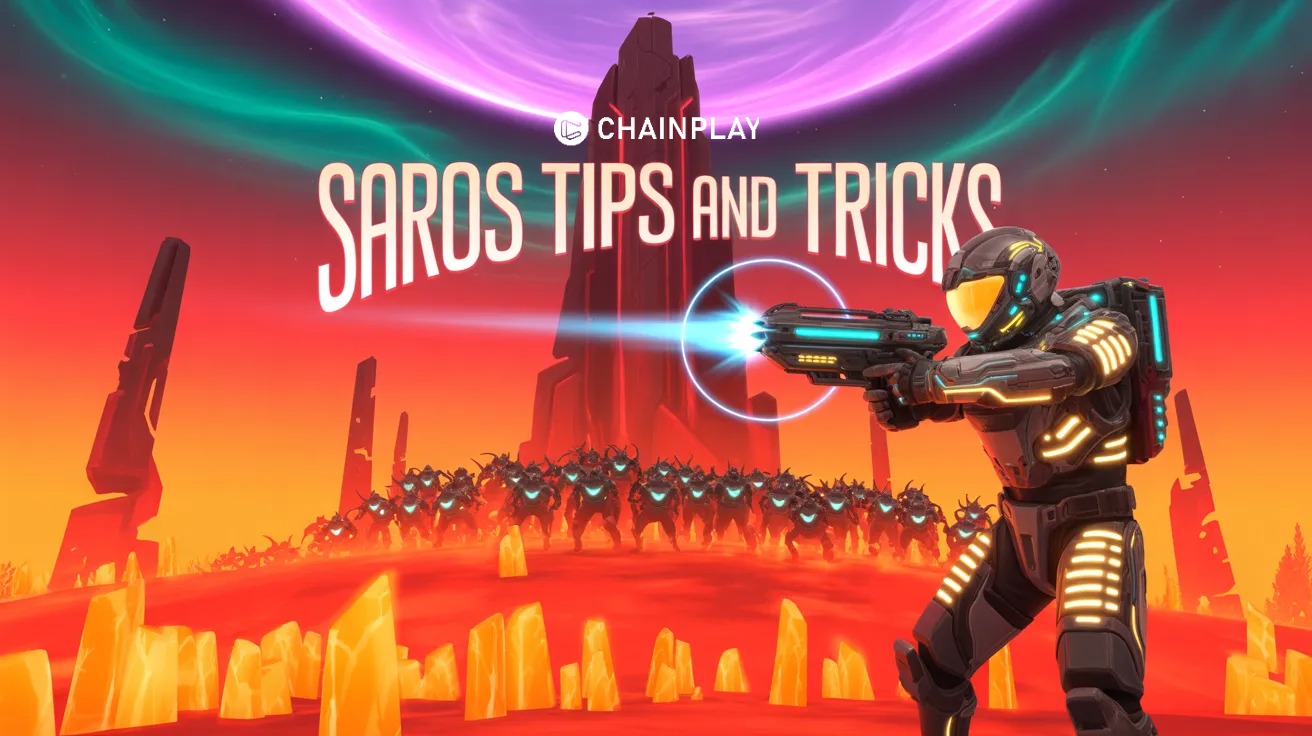 A futuristic soldier in glowing armor fighting alien monsters on a dark planet in Saros.
