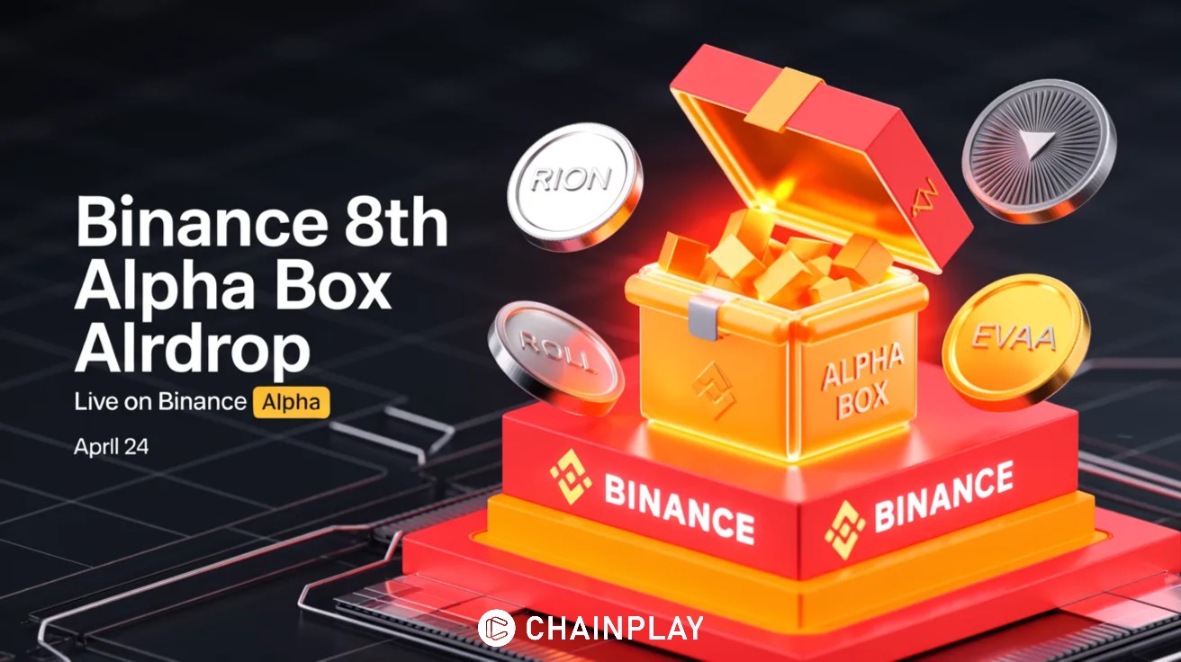A glowing 3D Binance Alpha Box releasing golden cryptocurrency tokens on a digital background.