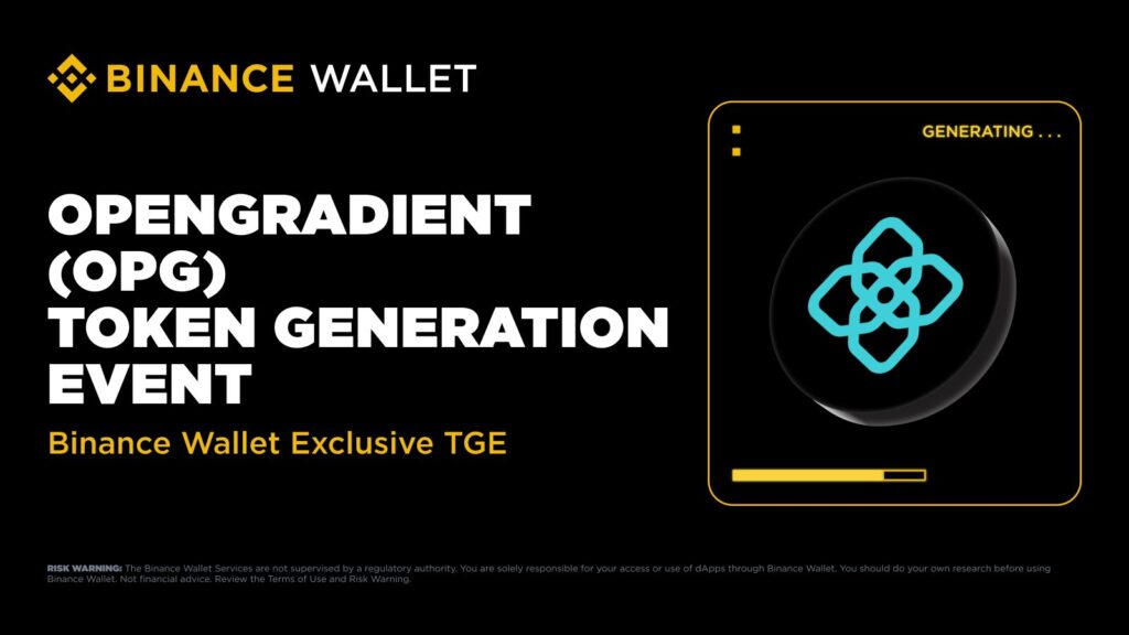 Binance Wallet exclusive TGE announcement for OpenGradient (OPG) with token graphic.
