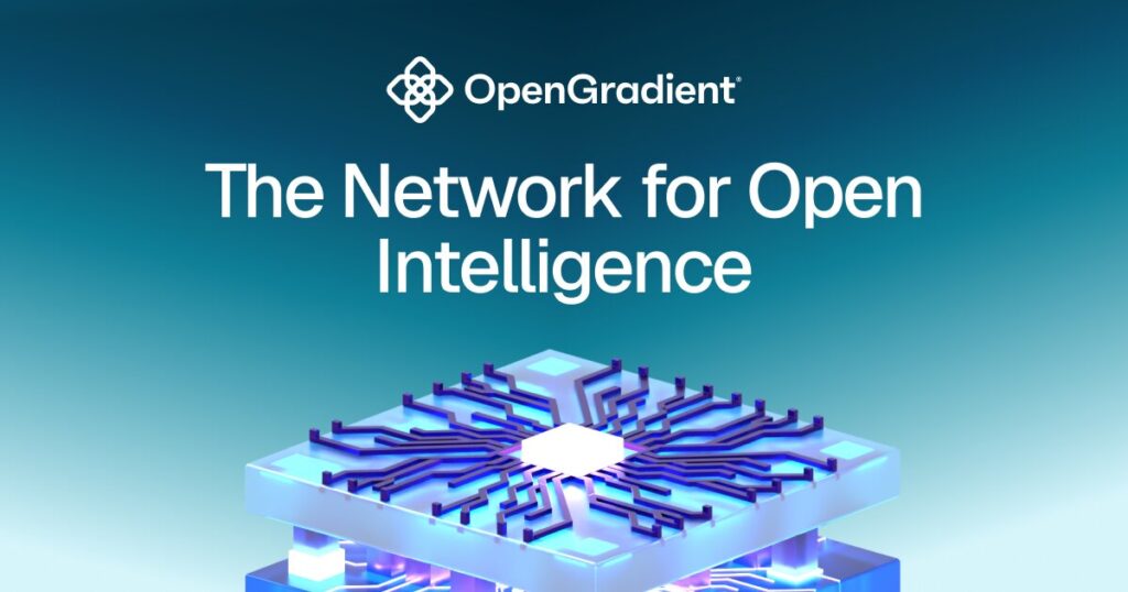 OpenGradient official banner "The Network for Open Intelligence" featuring a 3D CPU circuit board design.