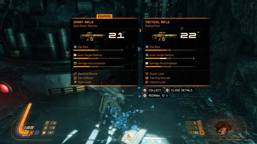 Side-by-side comparison UI for two weapons: a level 21 Smart Rifle and a level 22 Tactical Rifle with different traits.